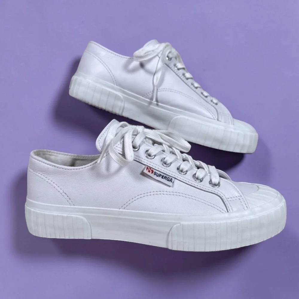 SUPERGA 2630 Stripe Nappa White Leather Platform Lace Up Casual Sneakers Women 8